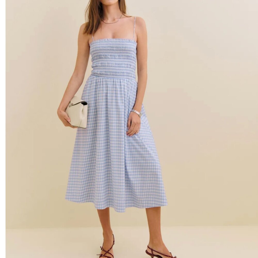 Reformation Kerrie Midi Dress - Crystal Check Blue Ivory Causal Summer Best - Picture 13 of 15